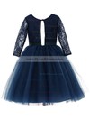 Latest A-line Scoop Neck Lace Tulle Sashes / Ribbons Long Sleeve Tea-length Flower Girl Dresses #PDS01031947