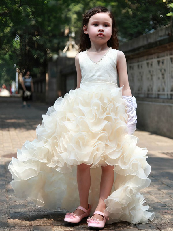 Unique A-line V-neck Organza with Beading Asymmetrical Flower Girl Dresses #PDS01031951