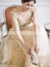 Stunning A-line Scoop Neck Tulle Crystal Detailing Sweep Train Champagne Wedding Dresses #PDS00022530