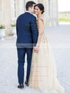 Stunning A-line Scoop Neck Tulle Crystal Detailing Sweep Train Champagne Wedding Dresses #PDS00022530