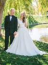 A-line Scoop Neck Lace Sweep Train Sashes / Ribbons Modest 1/2 Sleeve Wedding Dresses #PDS00022531