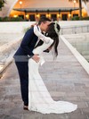 Fashion Sheath/Column V-neck Sweep Train Bow Long Sleeve Lace Wedding Dresses #PDS00022535