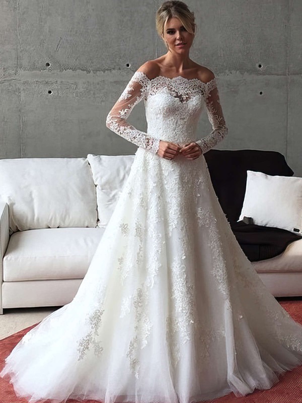 Perfect A-line Tulle Sweep Train Appliques Lace Off-the-shoulder Long Sleeve Wedding Dresses #PDS00022541