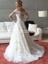 Perfect A-line Tulle Sweep Train Appliques Lace Off-the-shoulder Long Sleeve Wedding Dresses #PDS00022541