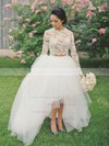 Two Piece A-line Scalloped Neck Tulle Appliques Lace Long Sleeve Unique Asymmetrical Wedding Dresses #PDS00022546