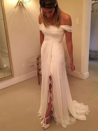 Classy Sheath/Column Chiffon Lace Watteau Train Off-the-shoulder Backless Wedding Dresses #PDS00022548