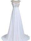 White A-line Scoop Neck Chiffon Tulle Beading Sweep Train Open Back Cheap Wedding Dresses #PDS00022549