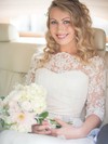 Newest A-line Scalloped Neck Lace Chiffon Sashes / Ribbons Sweep Train 3/4 Sleeve Wedding Dresses #PDS00022552