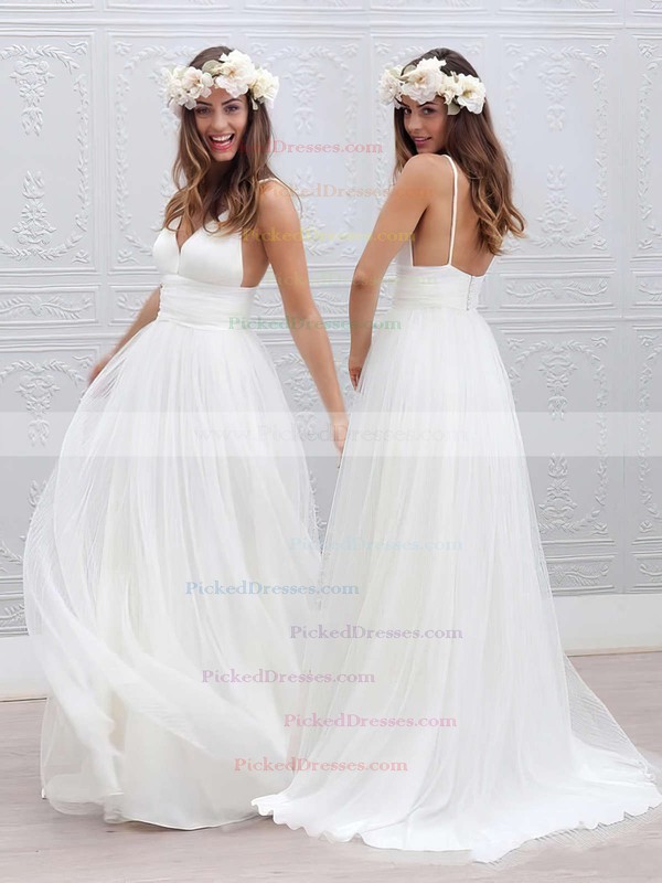 Stunning A-line Tulle Sweep Train Pleats V-neck Backless Wedding Dresses #PDS00022553