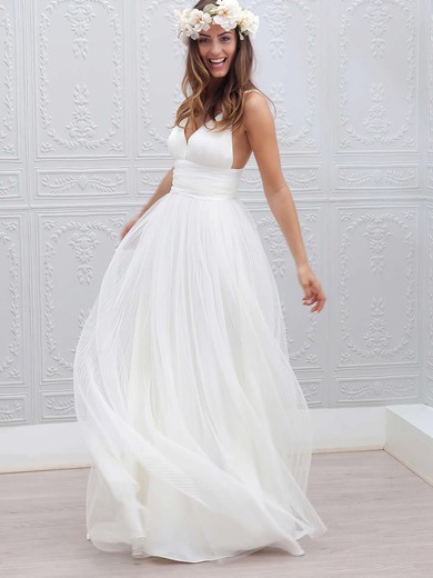 Stunning A-line Tulle Sweep Train Pleats V-neck Backless Wedding Dresses #PDS00022553