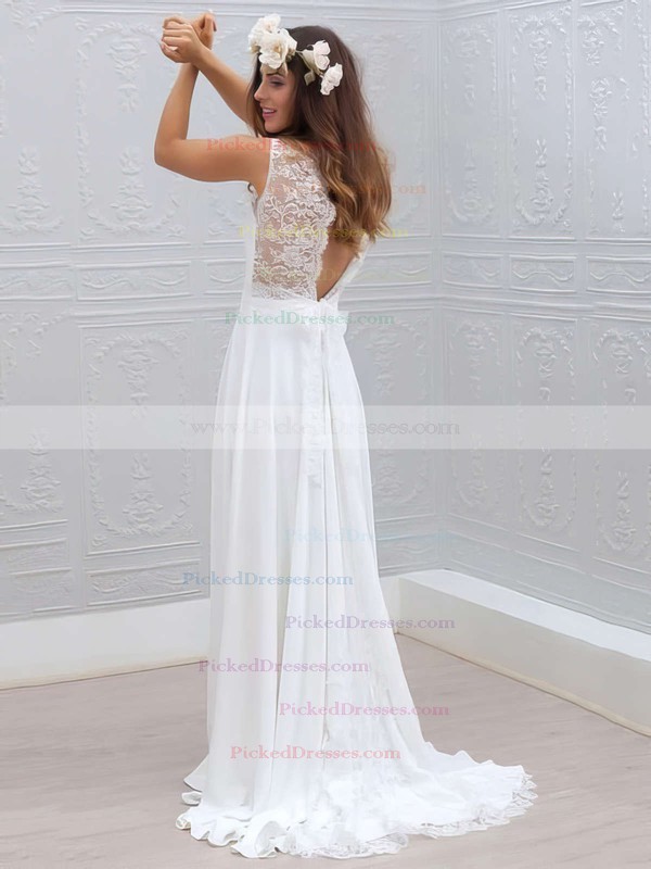 New Style V-neck Lace Chiffon Sweep Train Sashes / Ribbons White Sheath/Column Wedding Dresses #PDS00022555
