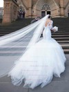 Trumpet/Mermaid V-neck Tulle Court Train Appliques Lace 3/4 Sleeve Top Backless Wedding Dresses #PDS00022556