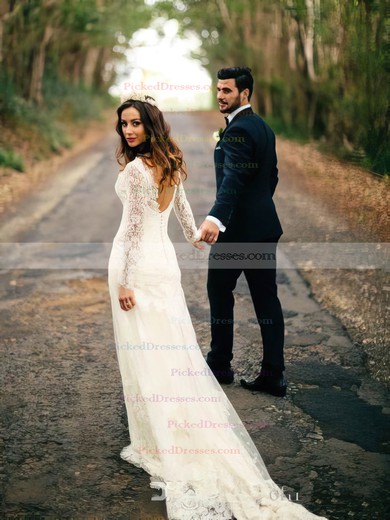 Ladies Sheath/Column Lace Tulle Sweep Train Appliques Lace V-neck Long Sleeve Backless Wedding Dress #PDS00022558