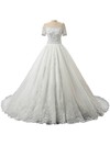 Off-the-shoulder Organza Court Train Beading Short Sleeve Vintage Ball Gown Wedding Dress #PDS00022559