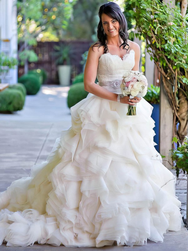 A-line Sweetheart Organza Appliques Lace Court Train Different Wedding Dresses #PDS00022563