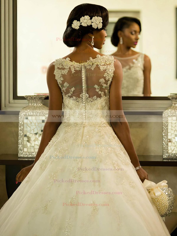 A-line Scoop Neck Tulle with Appliques Lace Sweep Train Beautiful Wedding Dresses #PDS00022564