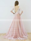 Pretty A-line V-neck Lace Tulle Sweep Train 1/2 Sleeve Backless Wedding Dresses #PDS00022565