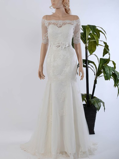 Trumpet/Mermaid Tulle Sweep Train Appliques Lace 1/2 Sleeve Off-the-shoulder Custom Wedding Dresses #PDS00022568