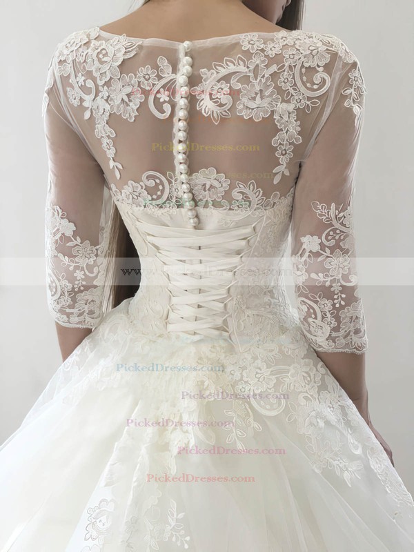 Best Princess Scoop Neck Tulle Appliques Lace Court Train 3/4 Sleeve Wedding Dresses #PDS00022569