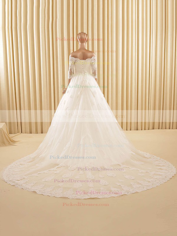Boutique A-line Off-the-shoulder Tulle Appliques Lace Chapel Train 3/4 Sleeve Wedding Dress #PDS00022571