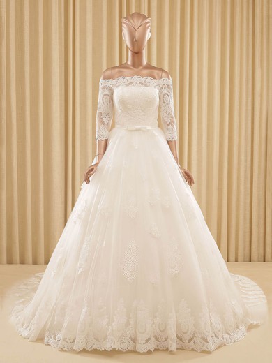 Boutique A-line Off-the-shoulder Tulle Appliques Lace Chapel Train 3/4 Sleeve Wedding Dress #PDS00022571