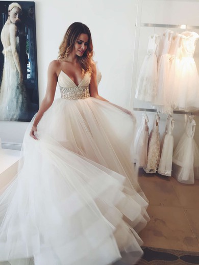 Latest Princess V-neck Tulle Crystal Detailing Court Train Backless Wedding Dresses #PDS00022575