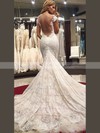 Trumpet/Mermaid V-neck Lace Tulle Appliques Lace Watteau Train Glamorous Wedding Dresses #PDS00022577