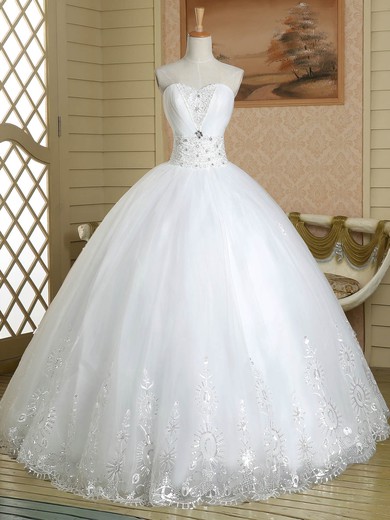 Ball Gown Sweetheart Tulle Beading Floor-length Lace-up White Discounted Wedding Dresses #PDS00022586