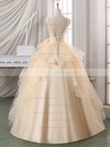 Elegant Ball Gown V-neck Satin Organza Tulle Appliques Lace Floor-length Backless Wedding Dresses #PDS00022587