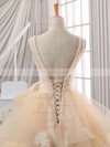 Elegant Ball Gown V-neck Satin Organza Tulle Appliques Lace Floor-length Backless Wedding Dresses #PDS00022587