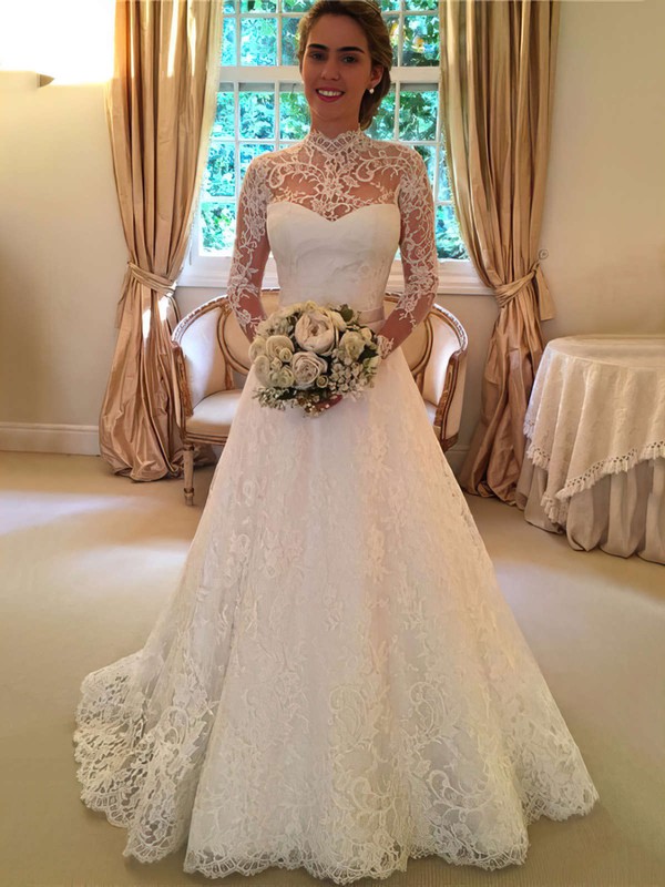 Fashion Open Back A-line Lace Sweep Train Sashes / Ribbons Long Sleeve High Neck Wedding Dresses #PDS00022590