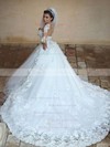 Ball Gown Scoop Neck Tulle Appliques Lace Cathedral Train Long Sleeve Stunning Wedding Dresses #PDS00022594