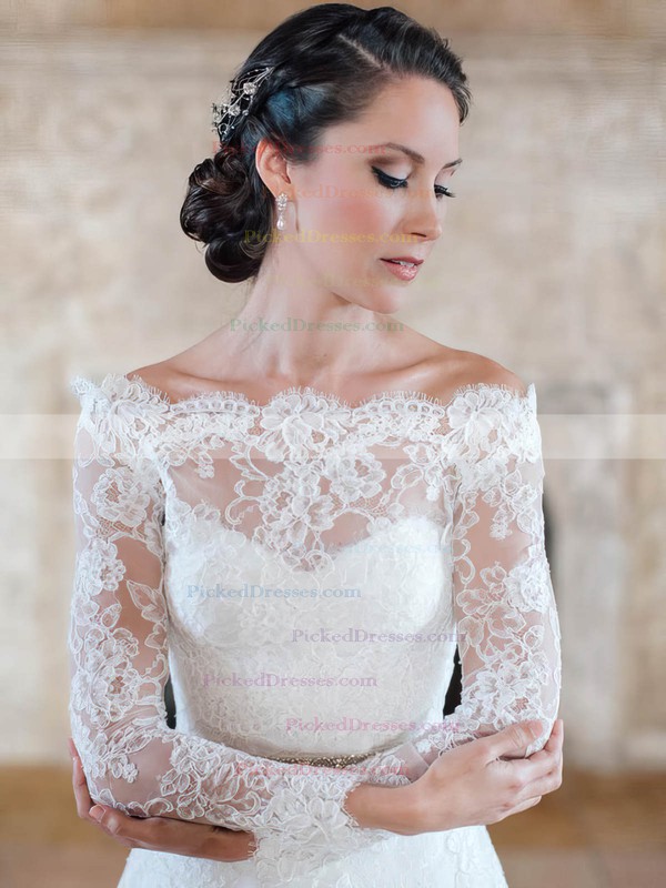 Elegant A-line Off-the-shoulder Court Train Lace with Sashes / Ribbons Long Sleeve Wedding Dress #PDS00022595