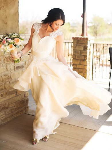 A-line Sweetheart Chiffon Appliques Lace Sweep Train Beautiful Wedding Dresses #PDS00022605
