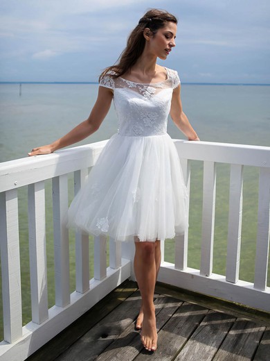 A-line Scoop Neck Tulle Appliques Lace Short/Mini Open Back Cute Wedding Dresses #PDS00022606