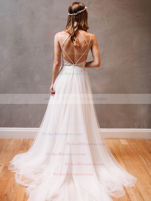 Modern Backless A-line Scoop Neck Tulle Appliques Lace Watteau Train Wedding Dresses #PDS00022609
