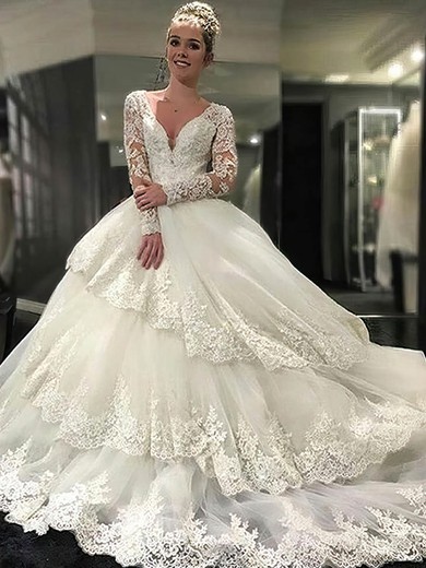 Open Back Ball Gown V-neck Tulle Appliques Lace Cathedral Train Long Sleeve Amazing Wedding Dresses #PDS00022610