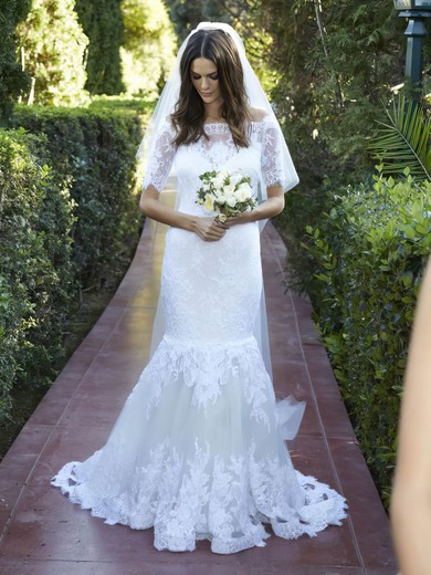 Elegant Trumpet/Mermaid Off-the-shoulder Tulle Appliques Lace Sweep Train 1/2 Sleeve Wedding Dresses #PDS00022623