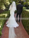Elegant Trumpet/Mermaid Off-the-shoulder Tulle Appliques Lace Sweep Train 1/2 Sleeve Wedding Dresses #PDS00022623