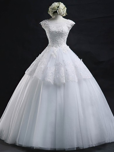 Graceful Ball Gown Scoop Neck Tulle Appliques Lace Floor-length Wedding Dresses #PDS00022629