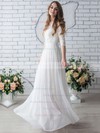 A-line Scoop Neck Chiffon Lace Floor-length 1/2 Sleeve Trendy Wedding Dresses #PDS00022633