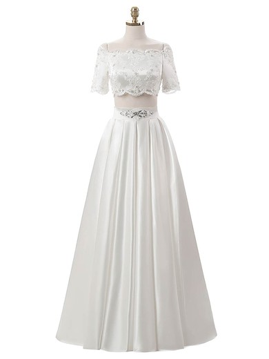 Custom Two Piece A-line Off-the-shoulder Satin Beading Floor-length Short Sleeve Wedding Dresses #PDS00022634