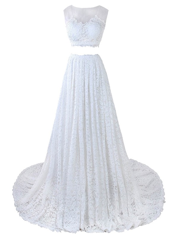 A-line Scoop Neck Lace Tulle Appliques Lace Court Train Two Piece Promotion Wedding Dresses #PDS00022635