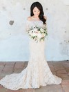 New Trumpet/Mermaid Off-the-shoulder Tulle Appliques Lace Sweep Train Long Sleeve Wedding Dresses #PDS00022642