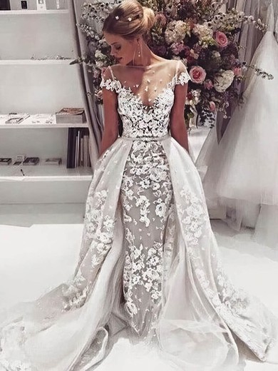 Sheath/Column Scoop Neck Tulle Appliques Lace Detachable Backless Exclusive Wedding Dresses #PDS00022646
