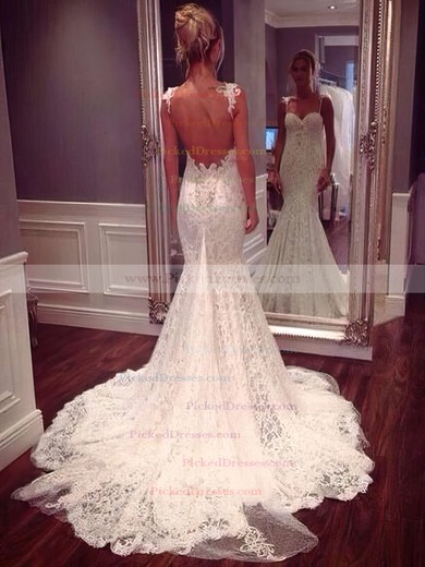 Sexy Trumpet/Mermaid Sweetheart Lace Appliques Lace Watteau Train Wedding Dresses #PDS00022647