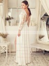 Funky A-line V-neck Tulle Chiffon Appliques Lace Floor-length Backless Long Sleeve Wedding Dresses #PDS00022652