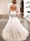 Trumpet/Mermaid Scoop Neck Tulle Appliques Lace Court Train Long Sleeve Sexy Wedding Dresses #PDS00022656