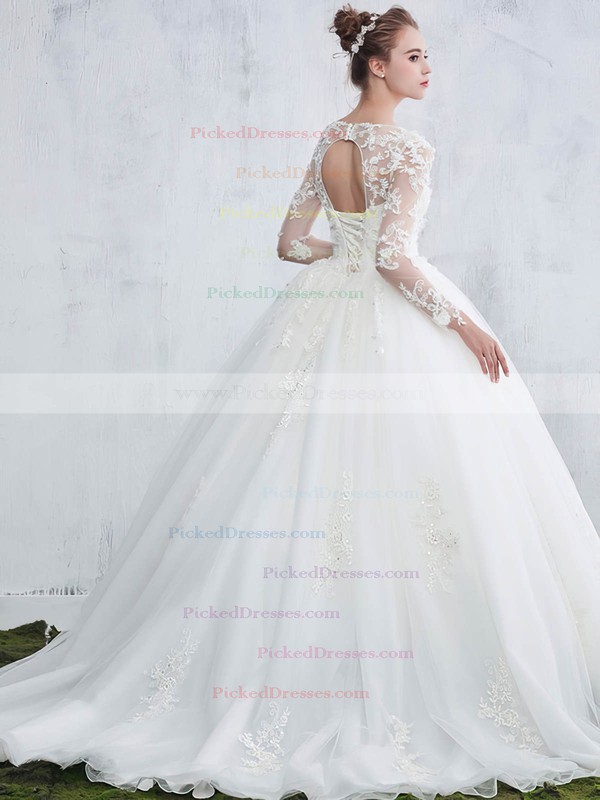 Beautiful Ball Gown Scoop Neck Tulle Appliques Lace Sweep Train Long Sleeve Wedding Dresses #PDS00022657