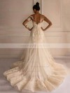 Trumpet/Mermaid Scoop Neck Tulle Appliques Lace Court Train Long Sleeve Backless Elegant Wedding Dresses #PDS00022658